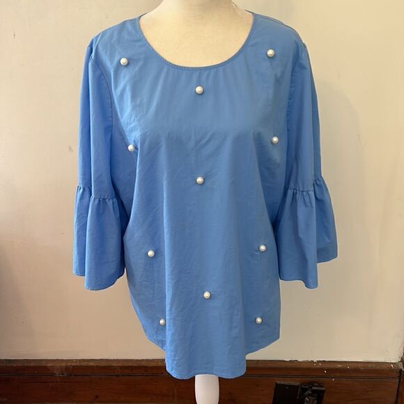 A.N.A blue blouse with faux pearl detail and statement sleeves Size XL - Picture 2 of 9